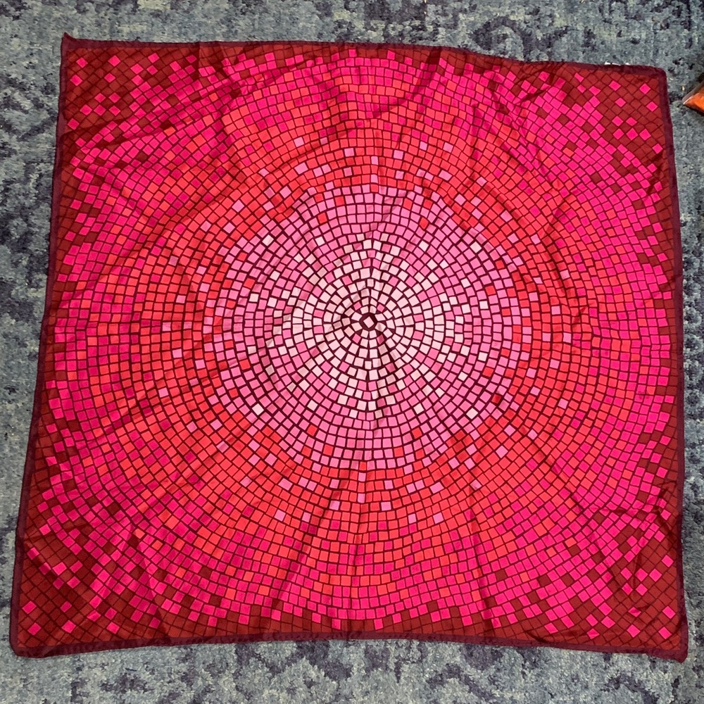 Gorgeous geometric magenta pink and burgundy silk scarf hand rolled edges
